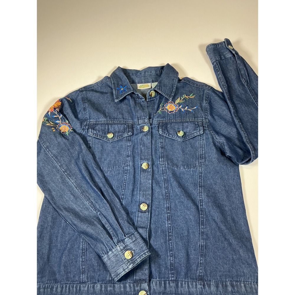 Collections Etc. Embroidered Floral Denim Jacket Top Blue Cotton Size M